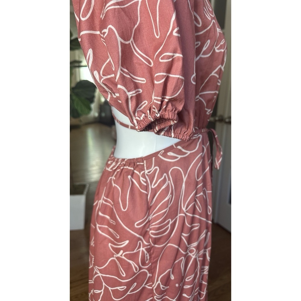 Lush Caramel Abstract Puff Sleeve Cutout Midi Dress Size M NWT 100% Cotton - Picture 6 of 12